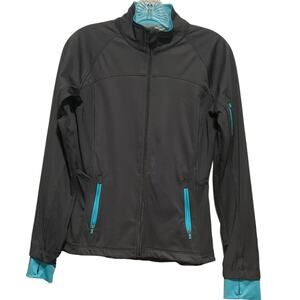 ATHLETA Grey Dipsea Water Resistant Running Jacket Zip Front Aqua Accents